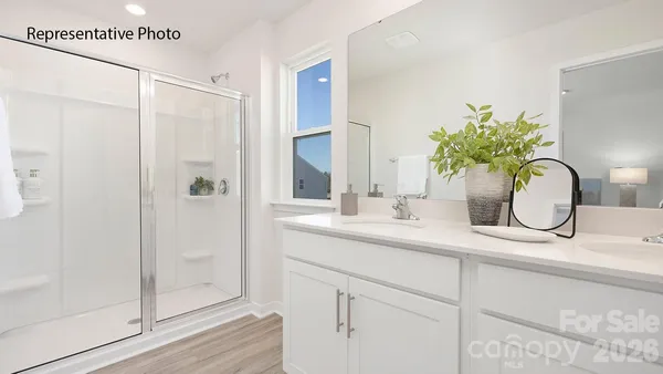 a bathroom with a granite countertop sink a mirror and shower