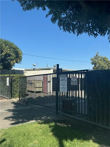 a view of a patio with plants and large trees