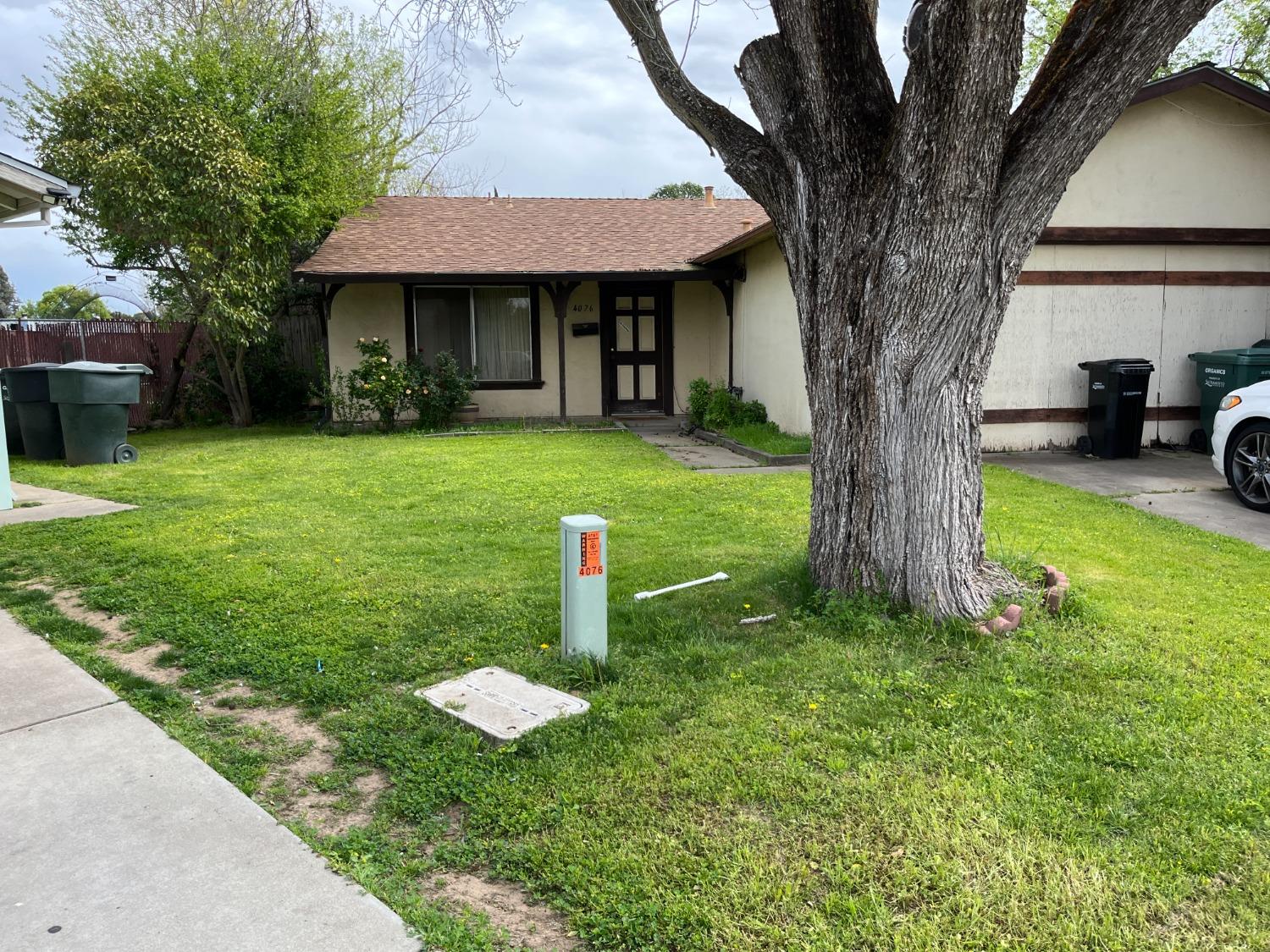 a front view of a house with a yard and trees