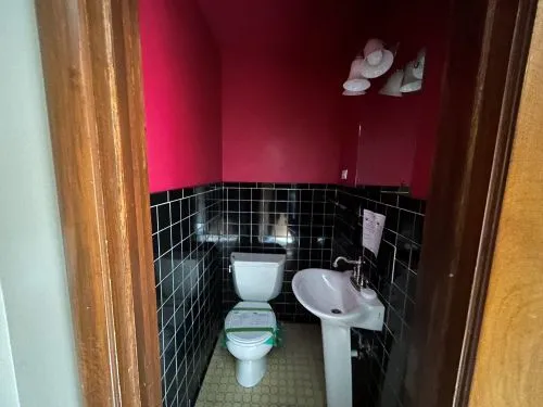 a bathroom with a toilet a sink and a mirror