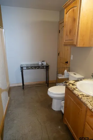 a bathroom with a sink a toilet and mirror