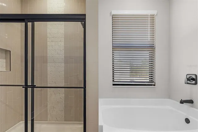 a bathroom with a bathtub and a shower