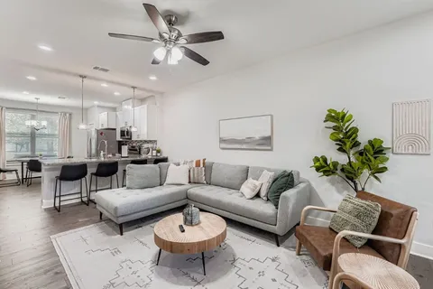 a living room with furniture potted plant and a ceiling fan