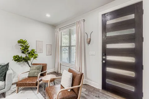 a living room with furniture and a potted plant