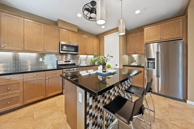 a view of a dining room with furniture