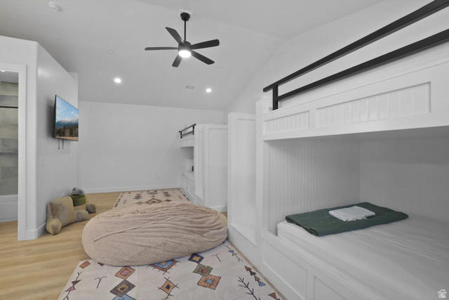 4346 Canterbury Road Hurricane, UT 84737 - Photo 27 of 37 Bedroom with light wood-style floors, vaulted ceiling, ceiling fan, and recessed lighting
