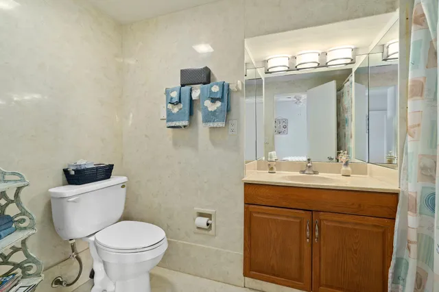 a bathroom with a toilet sink and mirror
