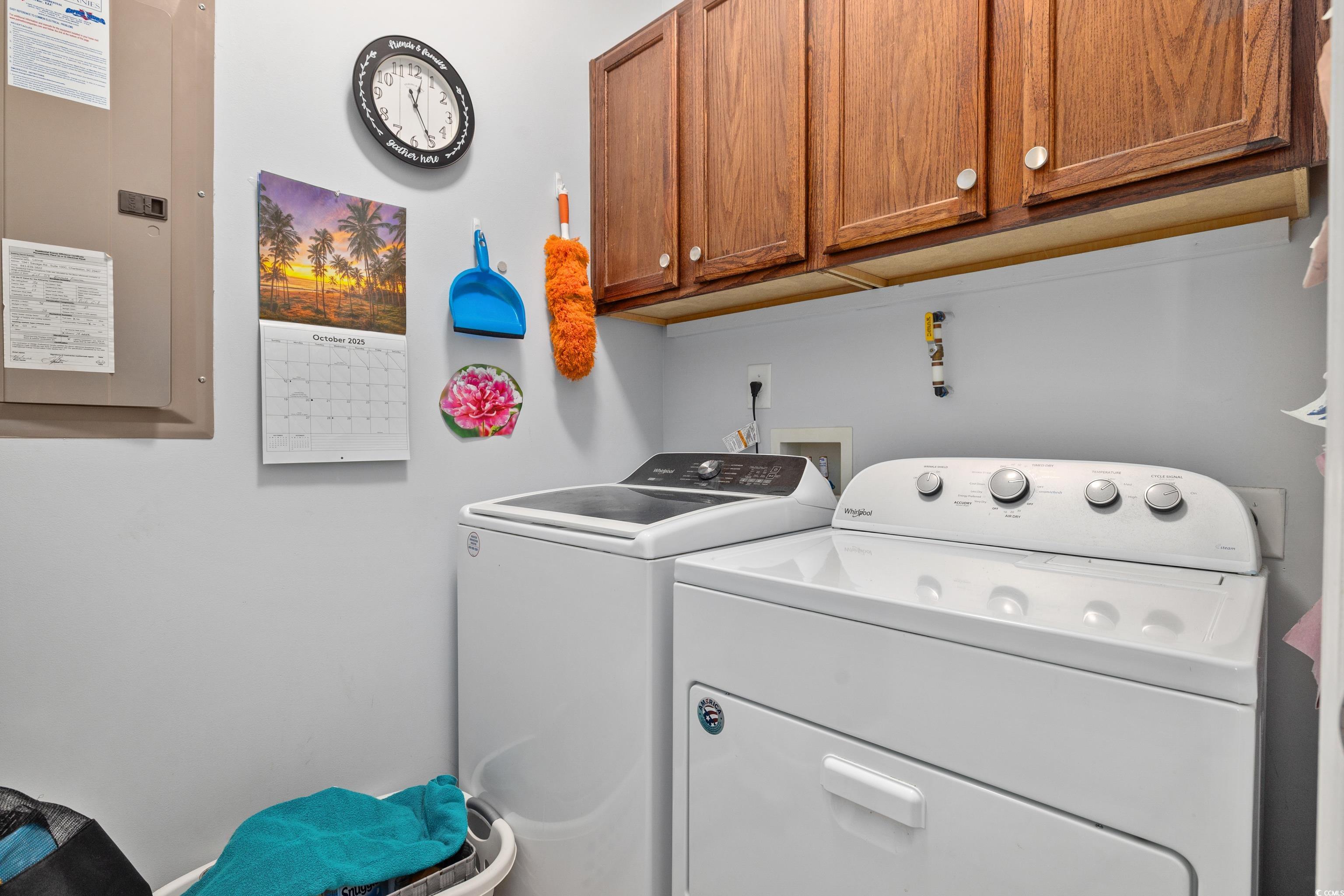 2360 Heritage Loop, Unit 2360 Myrtle Beach, SC 29577 - Photo 22 of 38 Laundry area featuring electric panel, cabinet space, and washing machine and clothes dryer