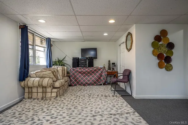 a living room with furniture rug and window