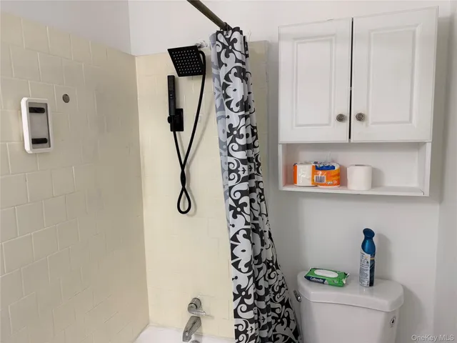a bathroom with a toilet and a shower curtain