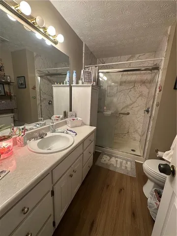 a bathroom with a double vanity sink toilet mirror and shower