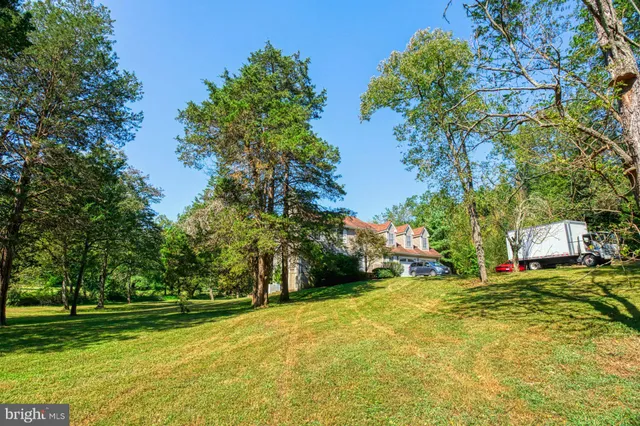 a view of a field with trees in the background