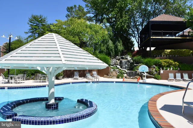a view of a swimming pool with a patio and a garden