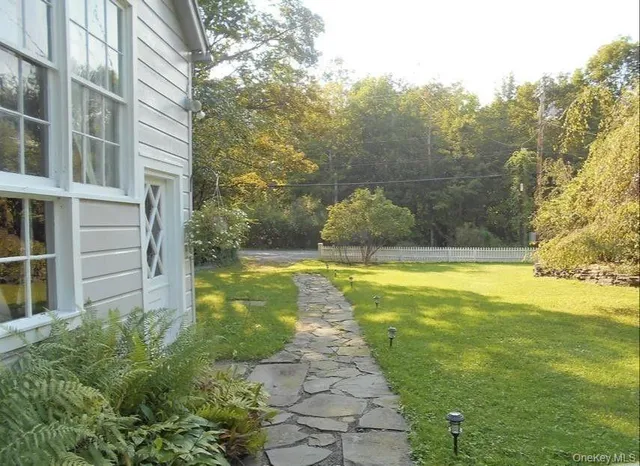 a view of a swimming pool with a yard