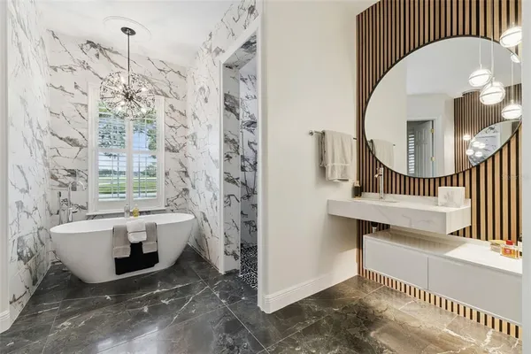 an aerial view of a house with garden