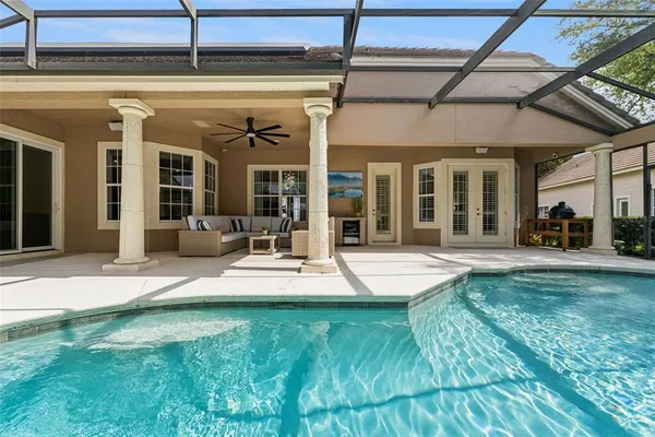 an aerial view of a house with a garden