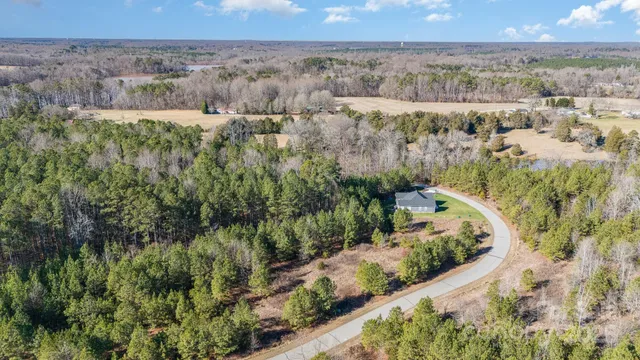 a view of a dry yard with green space