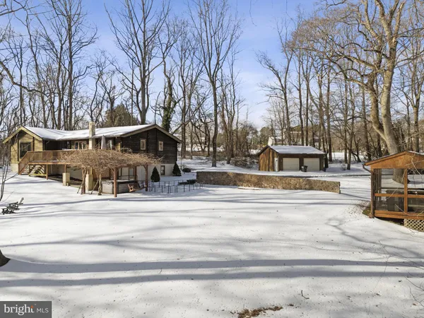 a view of a terrace with chairs and bench under a large tree