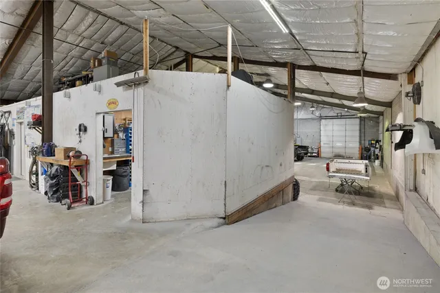 a view of a garage with storage