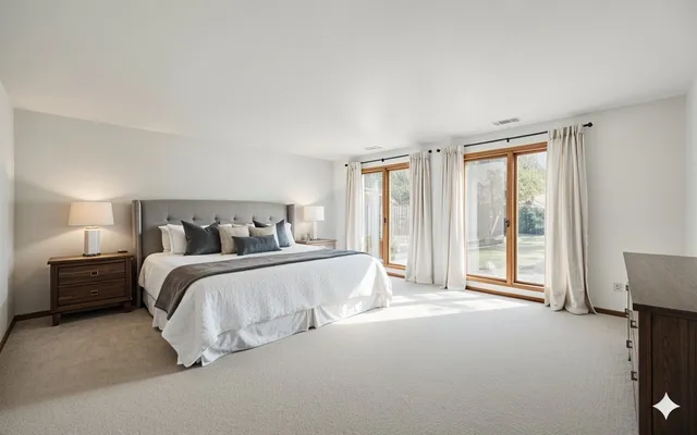 a spacious bedroom with a bed and a chandelier