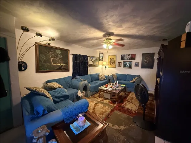 a living room with furniture and a ceiling fan