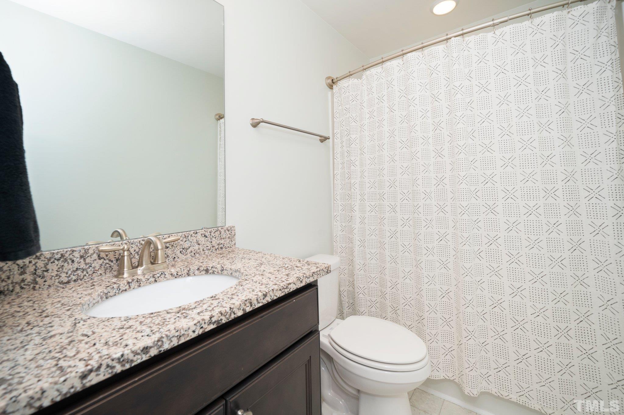 3271 Ripley River Road New Hill, NC 27562 - Photo 27 of 48 a bathroom with a granite countertop sink toilet and a mirror