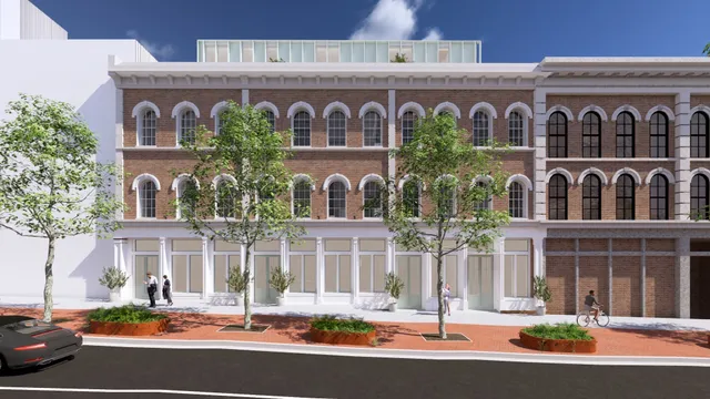 a front view of a building with street view