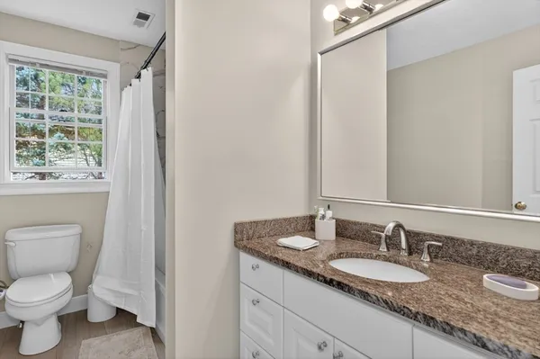a bathroom with a granite countertop sink toilet and mirror