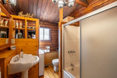 a bathroom with a sink a toilet and shower