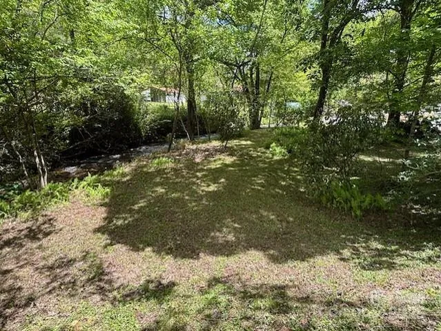 a view of a yard with large trees