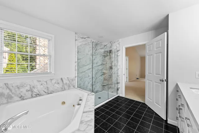 a bathroom with a bathtub and a shower