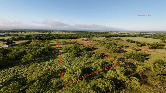 an aerial view of residential houses with outdoor space and trees
