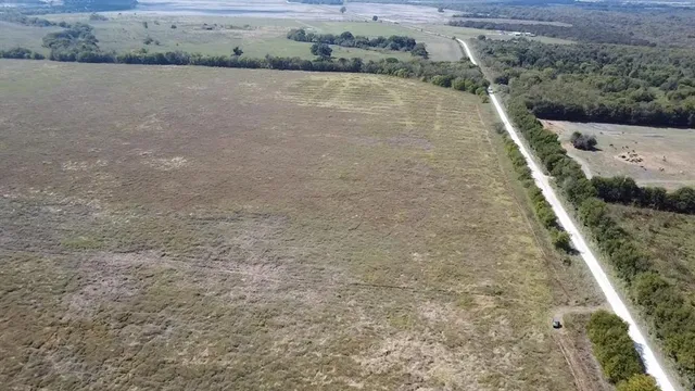 a view of a dry yard with wooden fence