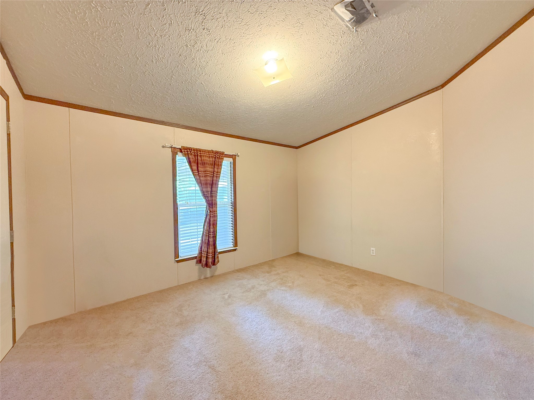 845 Caldwell Street Lexington, TX 78947 - Photo 16 of 39 Unfurnished room with a textured ceiling, carpet floors, crown molding, and lofted ceiling