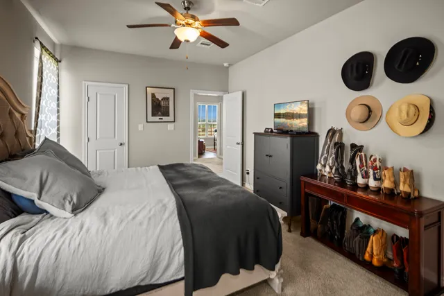 a bedroom with a bed and cabinets