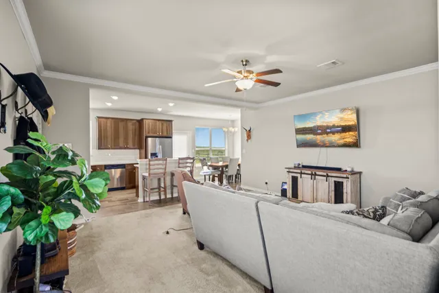 a living room with furniture a potted plant and a kitchen view