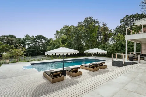 a view of swimming pool with lounge chair and dinning table under an umbrella
