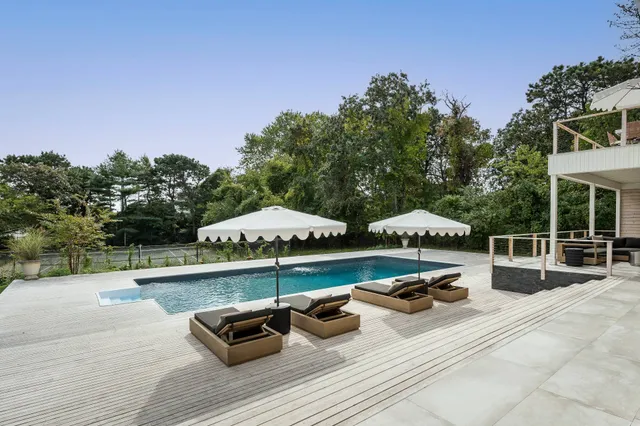 a view of swimming pool with lounge chair and dinning table under an umbrella