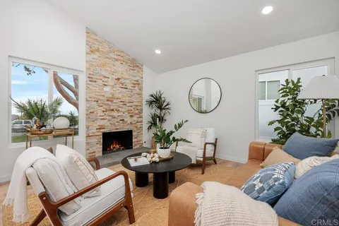 a living room with furniture a fireplace and a potted plant