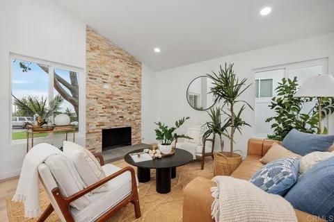 a living room with furniture a fireplace and a potted plant