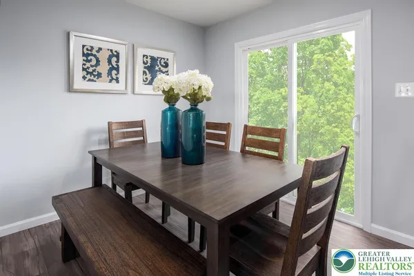 a view of a dining room with furniture window and wooden floor