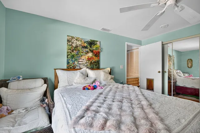 an aerial view of a house with a garden