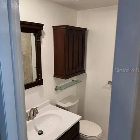 a bathroom with a sink a toilet and mirror