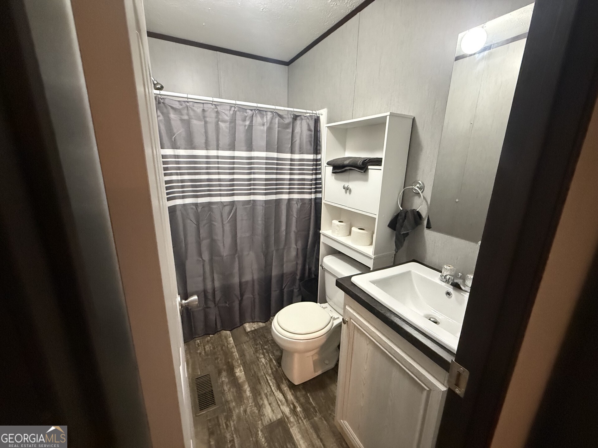 50 Harvest Road Coleman, GA 39836 - Photo 31 of 37 a bathroom with a sink a toilet a mirror and shower curtain