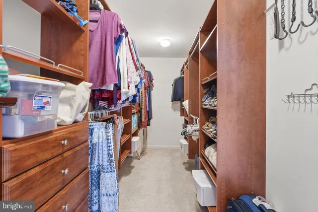 a view of walk in closet with clothes and shoes