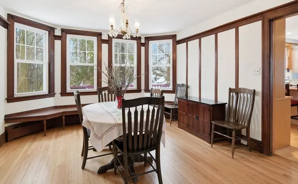 a view of a dining room with furniture window and wooden floor