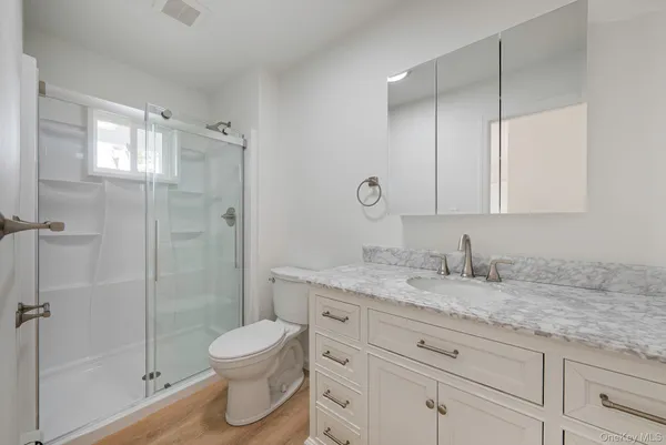 a bathroom with a granite countertop sink a toilet and a shower