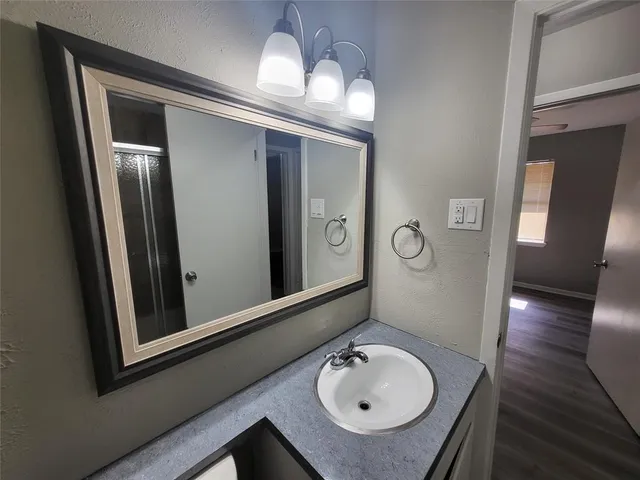 a bathroom with a sink and a mirror