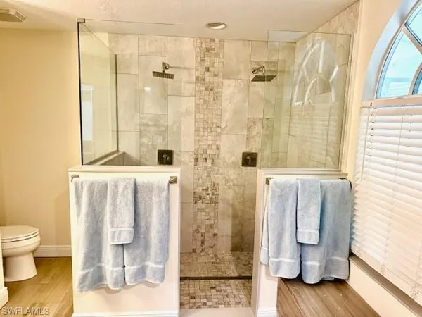 a bathroom with a shower and a toilet