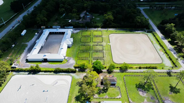 an aerial view of a house with a swimming pool